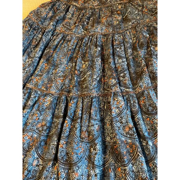 Free People Boho Cottage Core Blue Printed Tiered Linen Blend Maxi Skirt Small - Picture 14 of 16